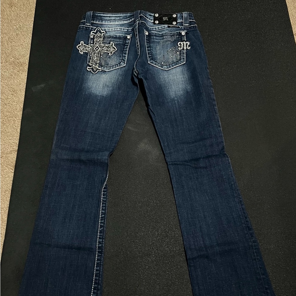 Miss Me Embellished Bootcut Jeans Blue Medium Wash Cross Pocket Rhinestone